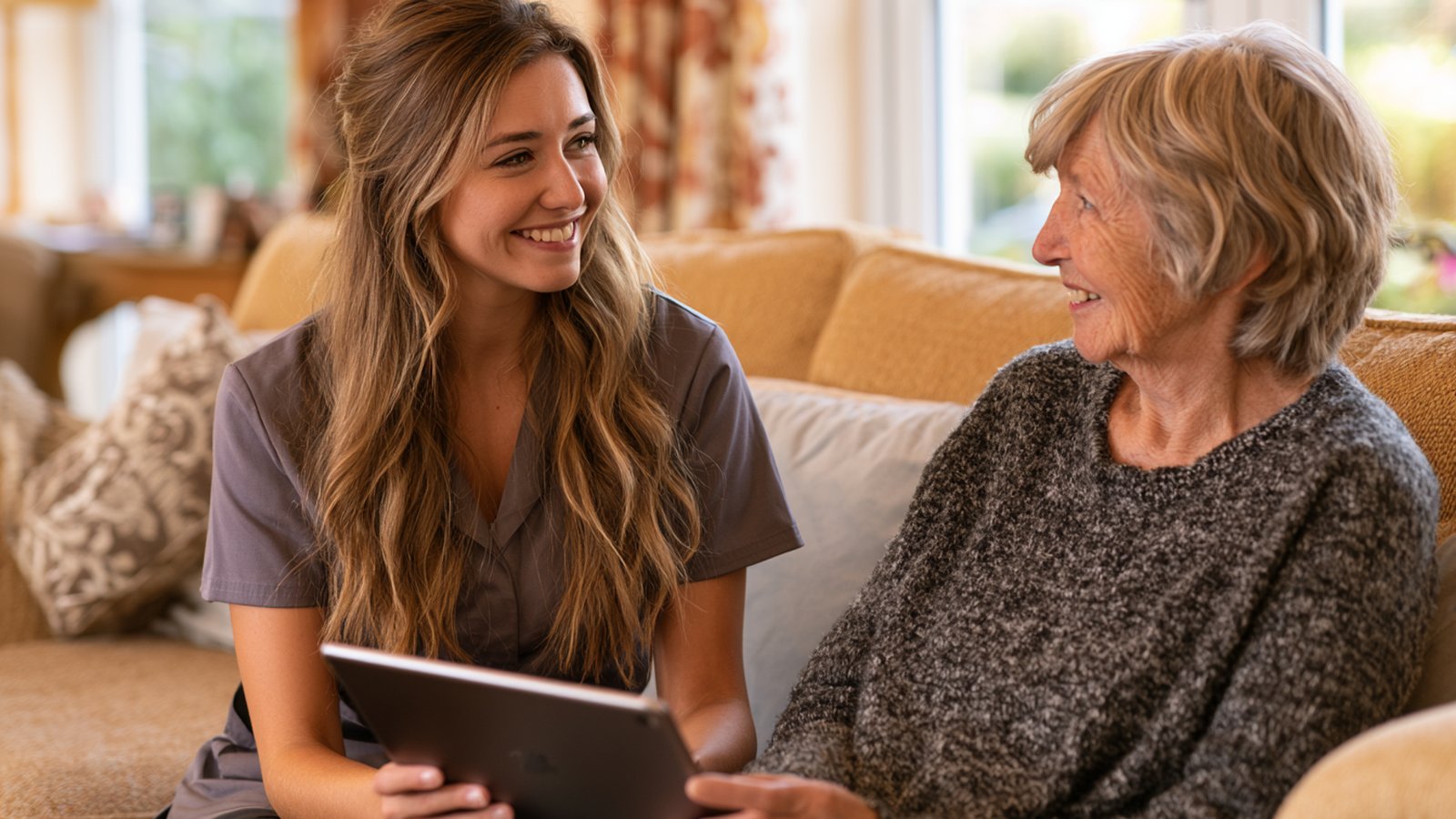 A care worker and an older woman smiling in conversation on a sofa.